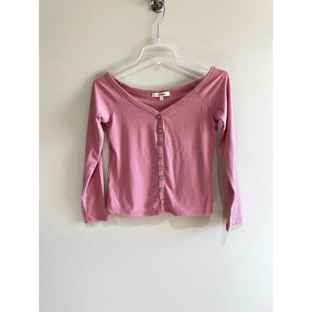 Wishful Park Crop Top Womens M Pink V- Neck Button Long Sleeve